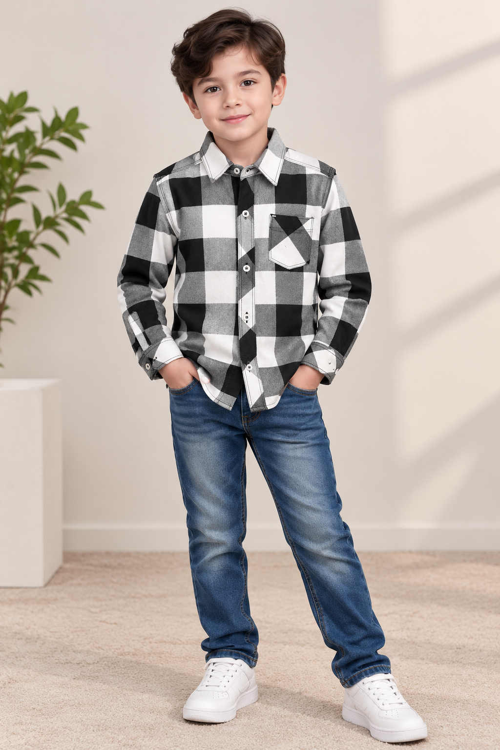 Boy Shirt (00160) Clr-Black And White-Fabric Soft Flannel For winters