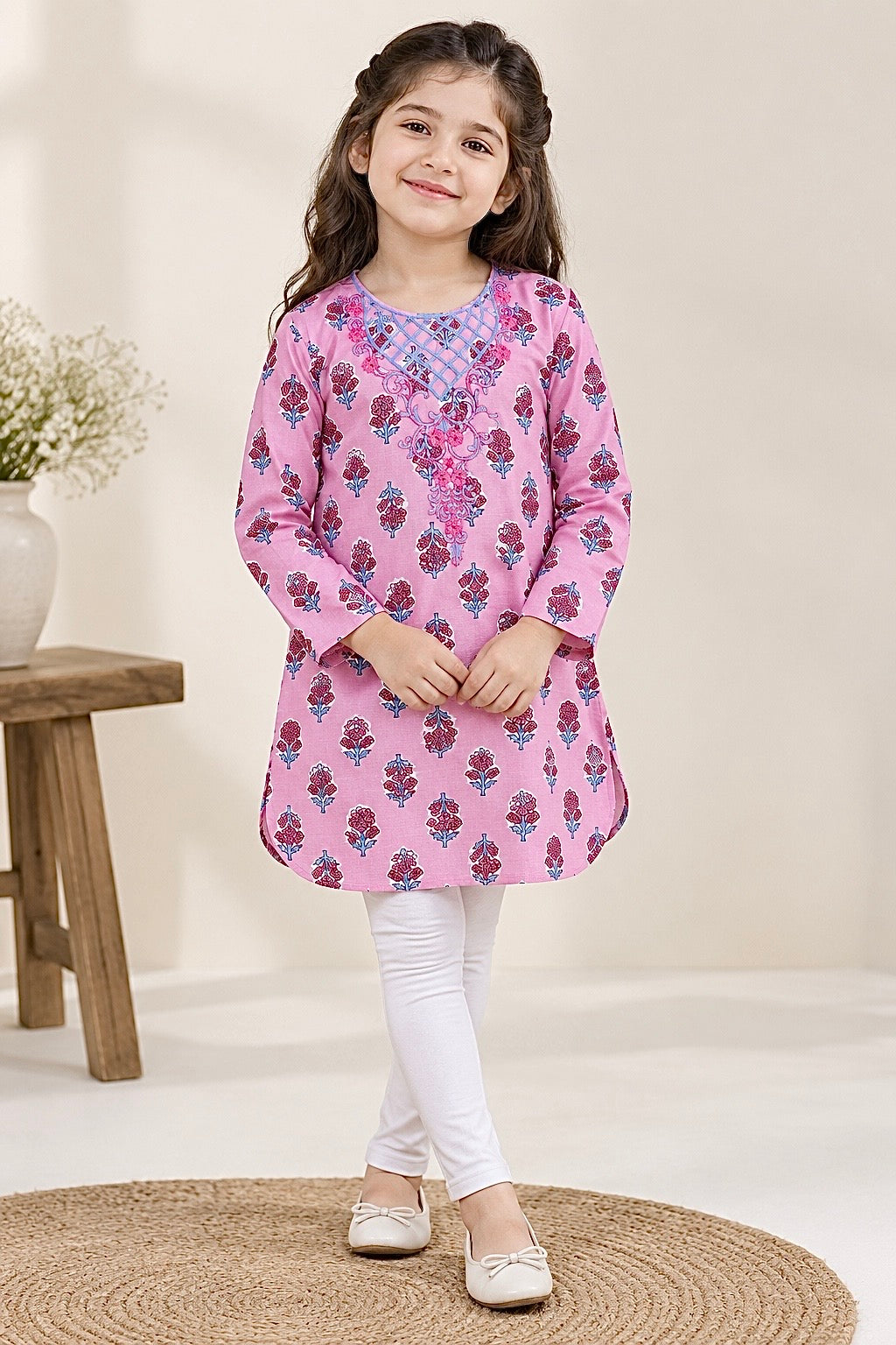 Girls Top (00182) Clr-Lite Pink-Fabric Khaddar