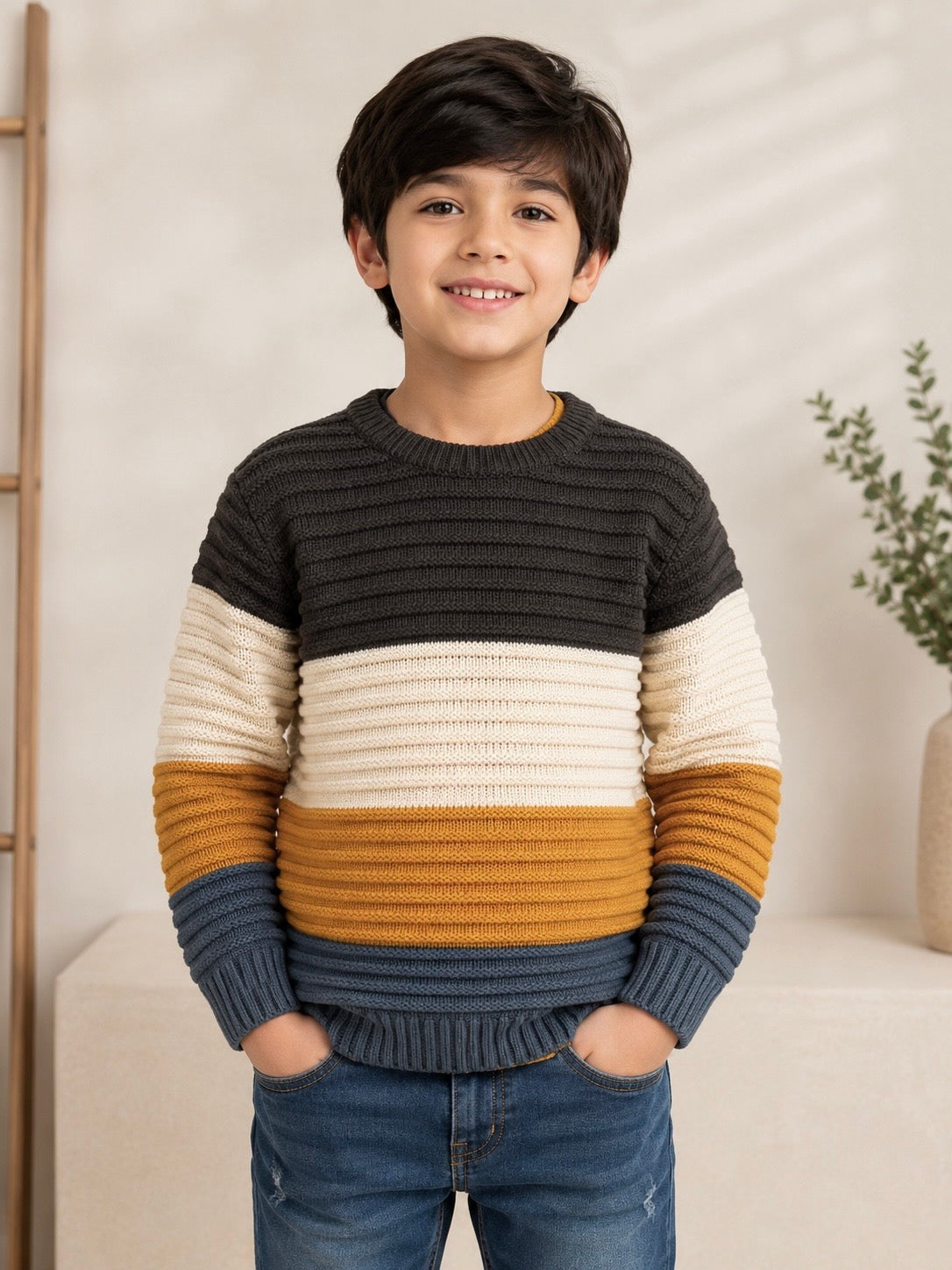 Boys Sweater (00107)Clr-Brown,Skin,Mastard And Gry