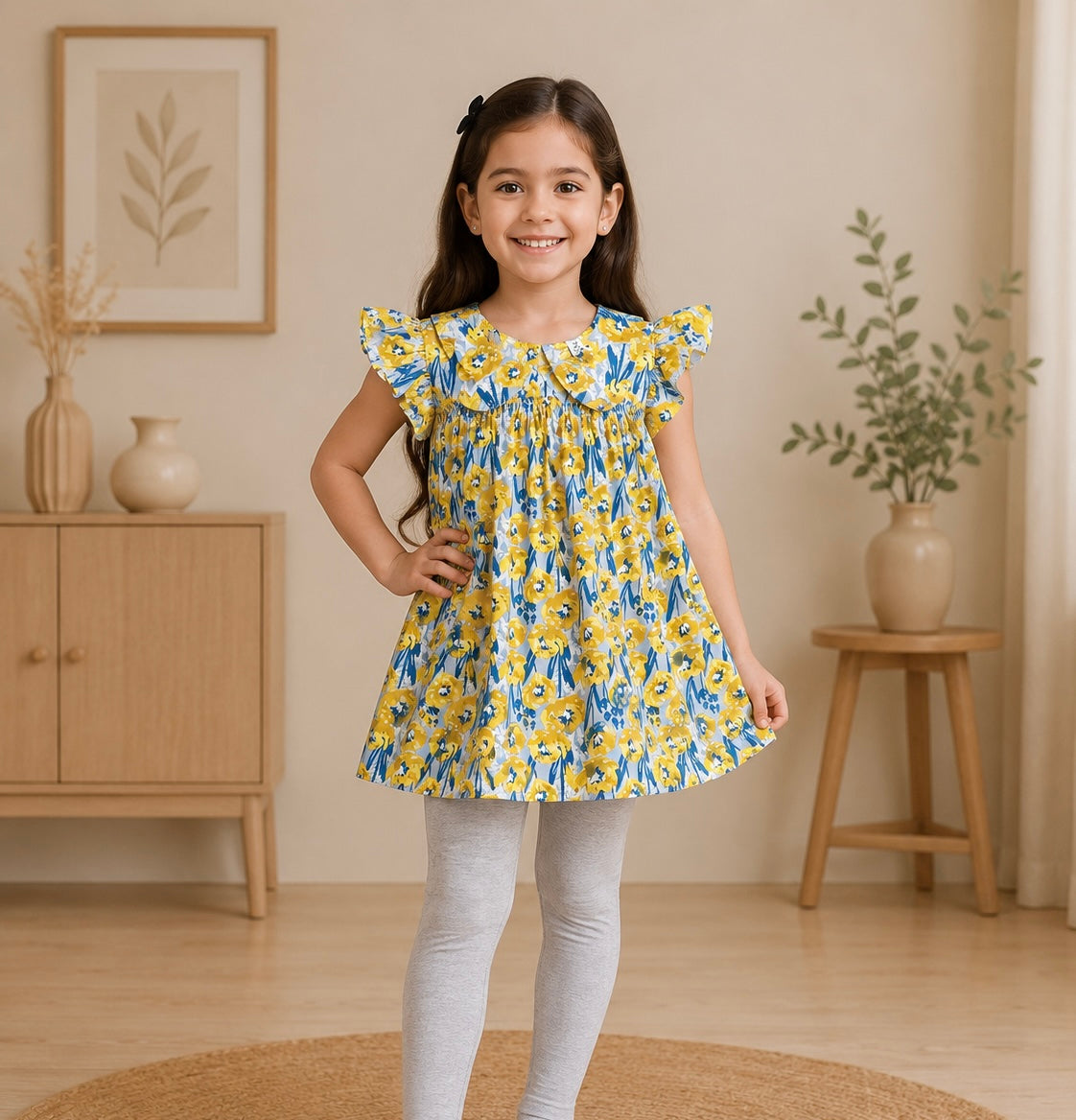 Girls top (02800)Clr-Mastard and navy printed-Fabric Lite Cotton For Summers