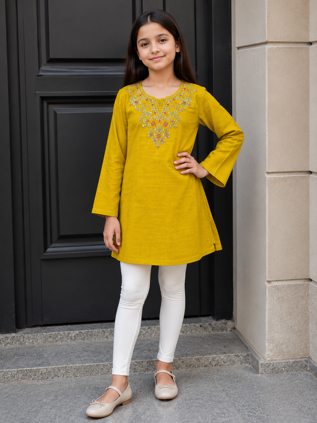 Girls Top (00103) Clr-Yellow-Fabric Khaddar