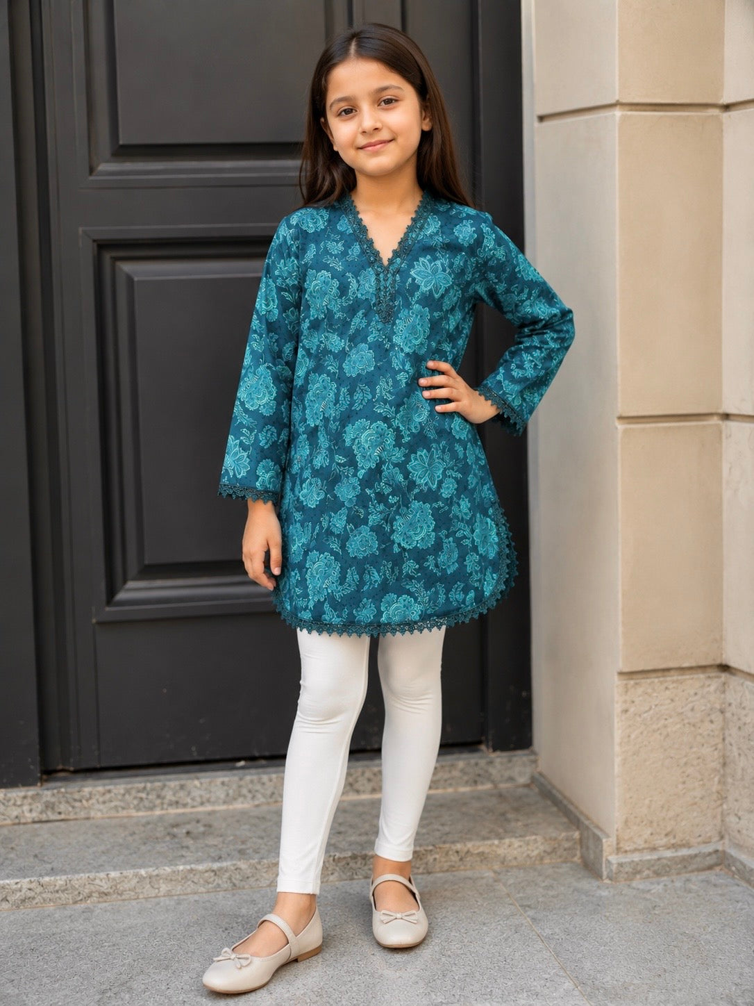 Girls Top (00100) Clr-Dark Sea Green-Fabric Khaddar