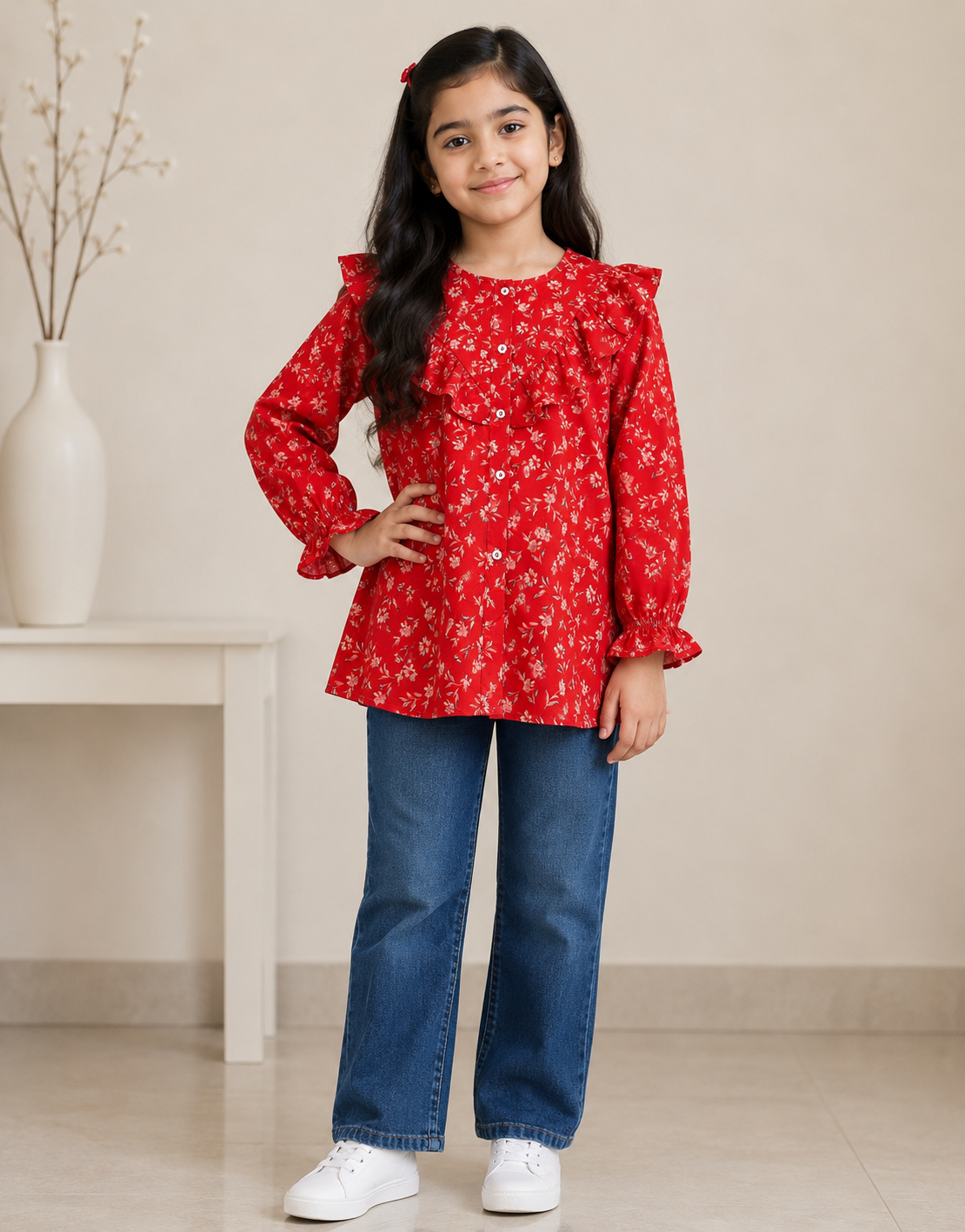 Girls Top (0095)Clr-Red Printed-Fabric Khaddar