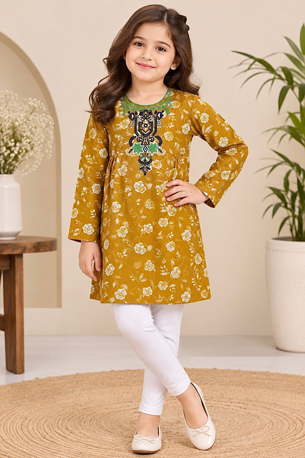 Girls Top (00184) Clr-Mastard-Fabric Khaddar