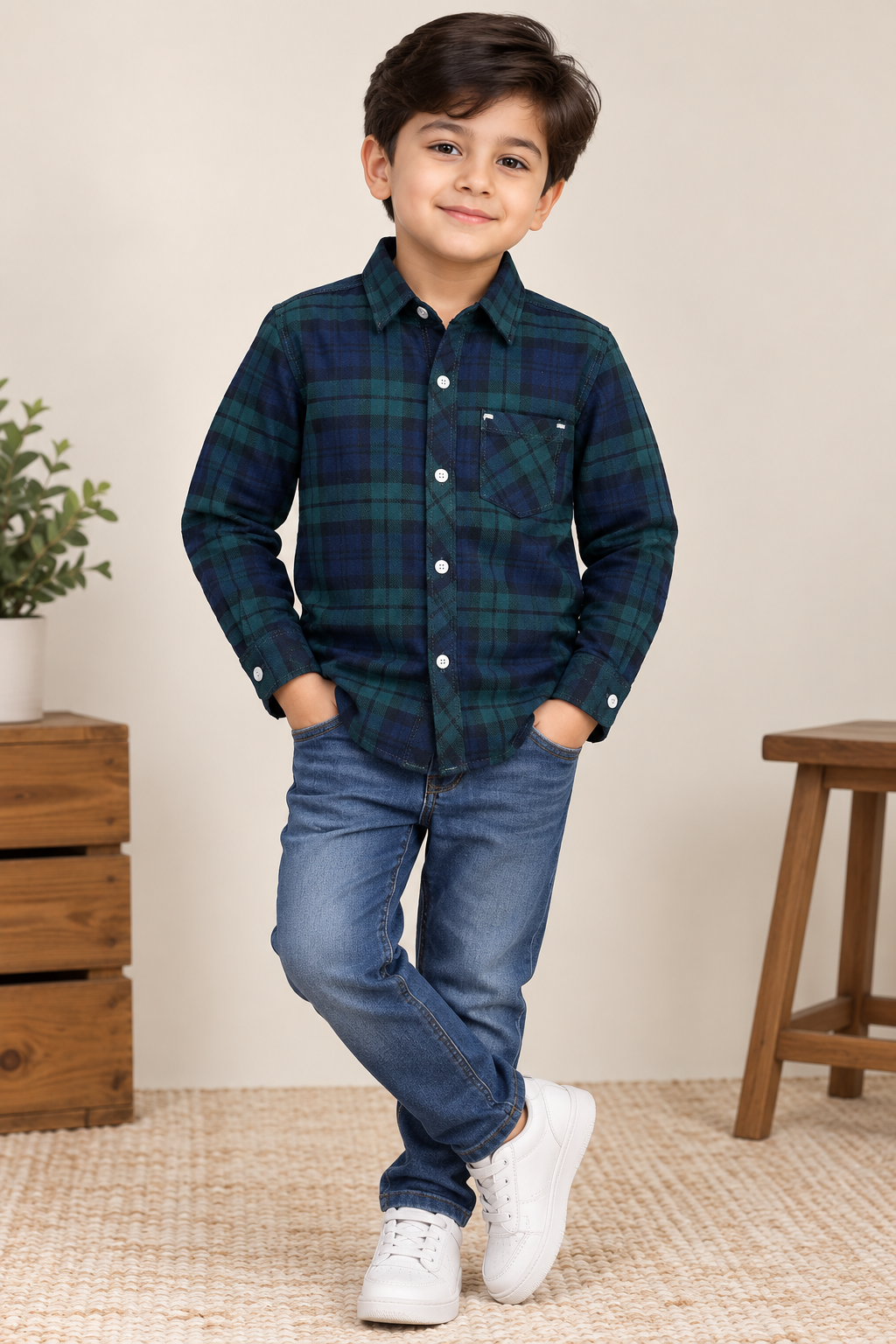 Boy Shirt (00192) Clr-Dark Green and Dark Blue-Fabric Soft Flannel For winters