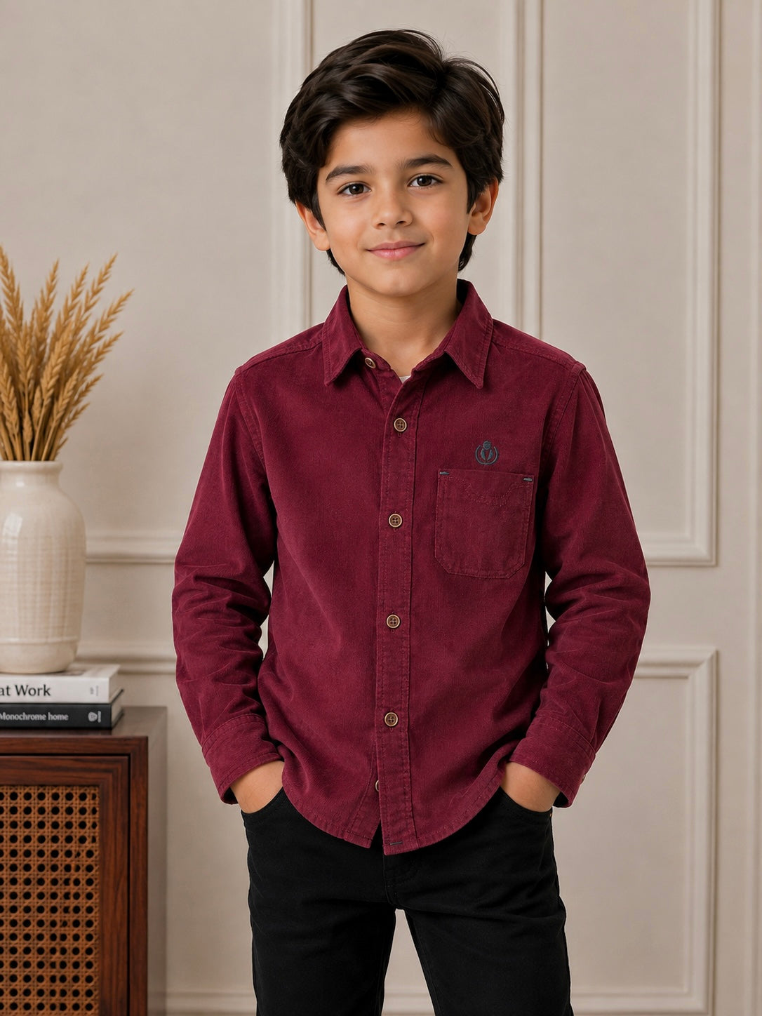 Boy Corduroy Shirt (0077) Clr-Maroon-Fabric Soft Corduroy
