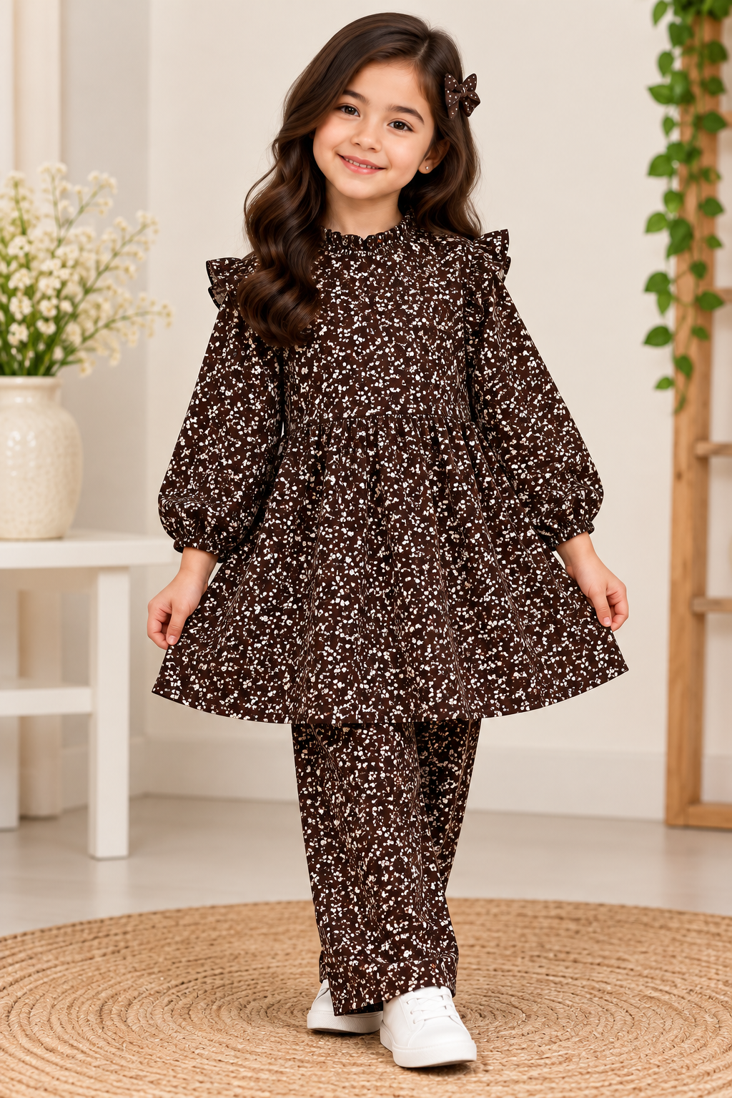 Girls Pair(00244)-Clr-Dark Brown-Fabric Flannel For winter