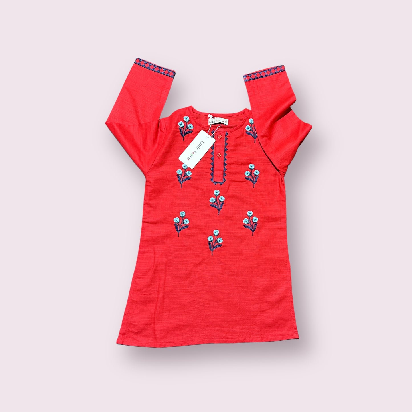 Girls Kurti (03407)-Fabric Khaddar-Clr Red