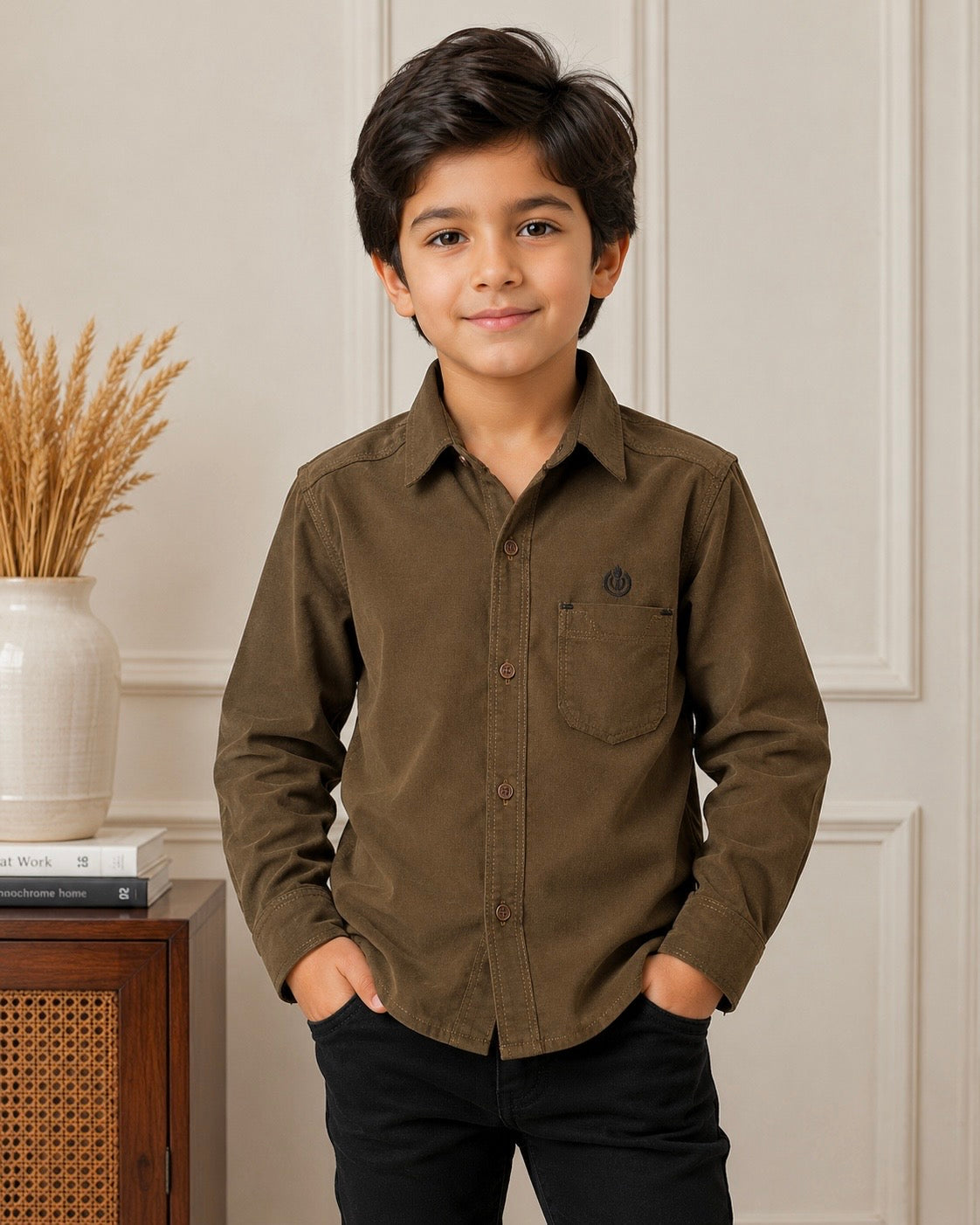 Boy Corduroy Shirt (0069) Clr-Dark Brown-Fabric Soft Corduroy