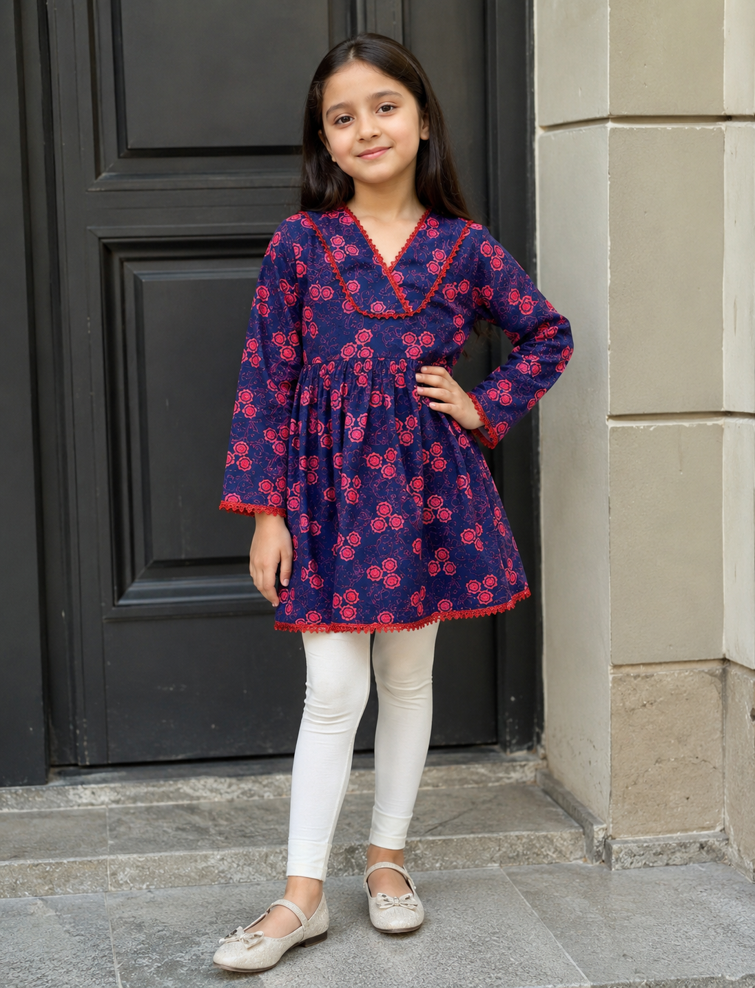 Girls Top (00102) Clr-Royal Blue and Red-Fabric Khaddar