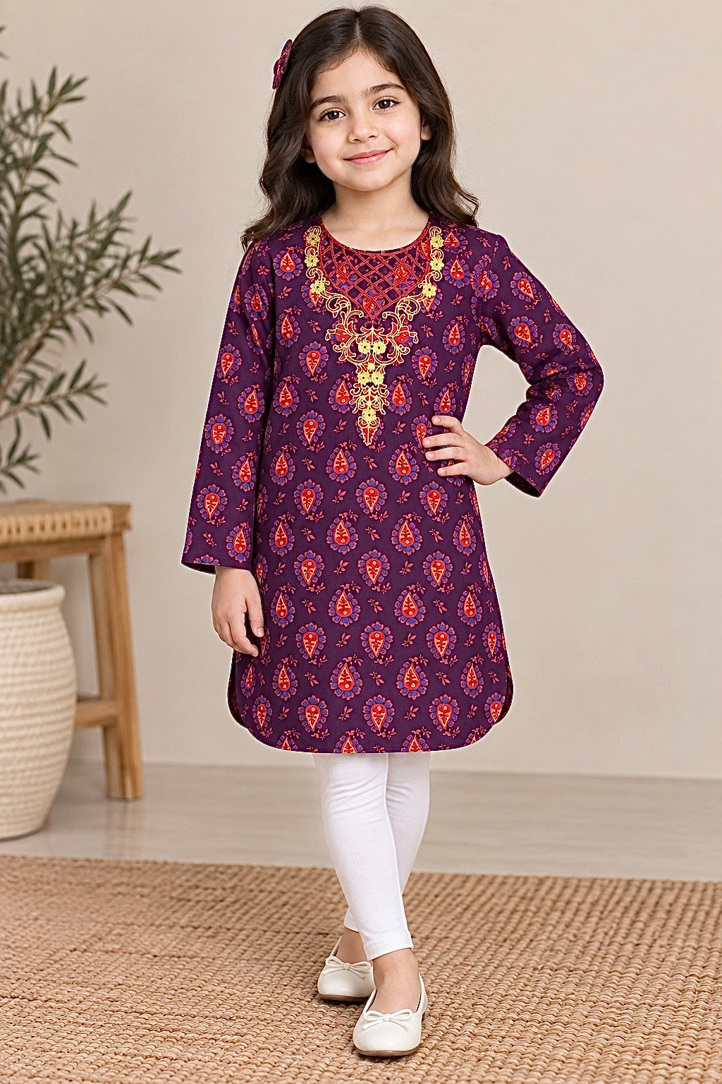 Girls Top (00181) Clr-Dark Plum-Fabric Khaddar