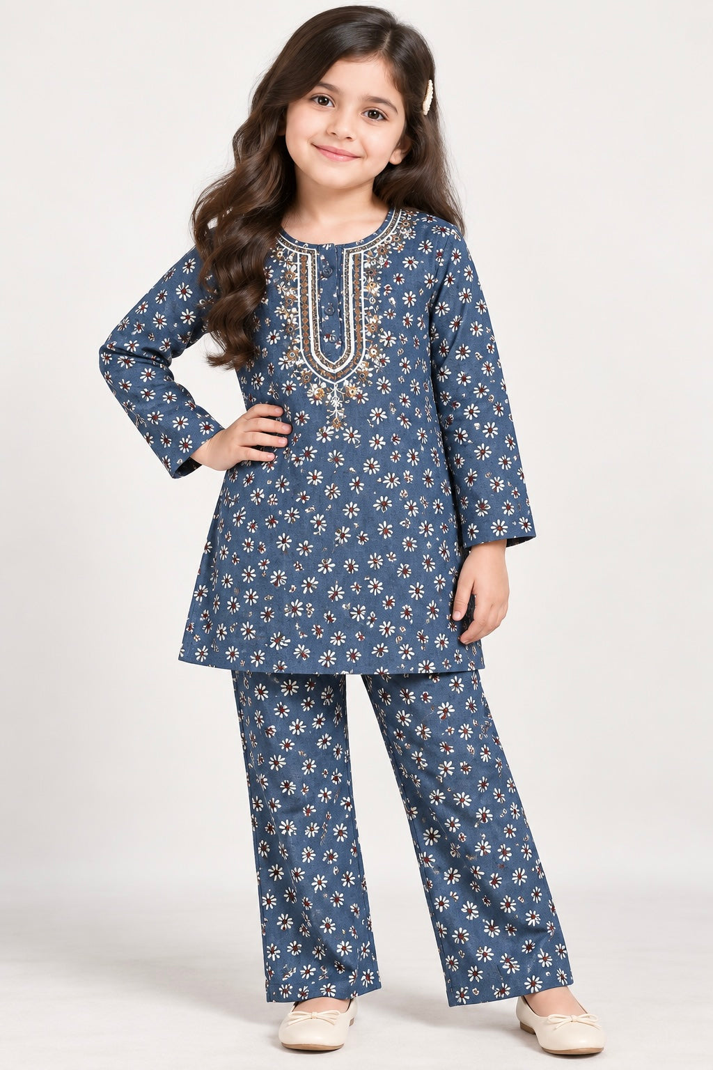 Girls Pair(00313)-Gryish Blue-Fabric Flannel For winter