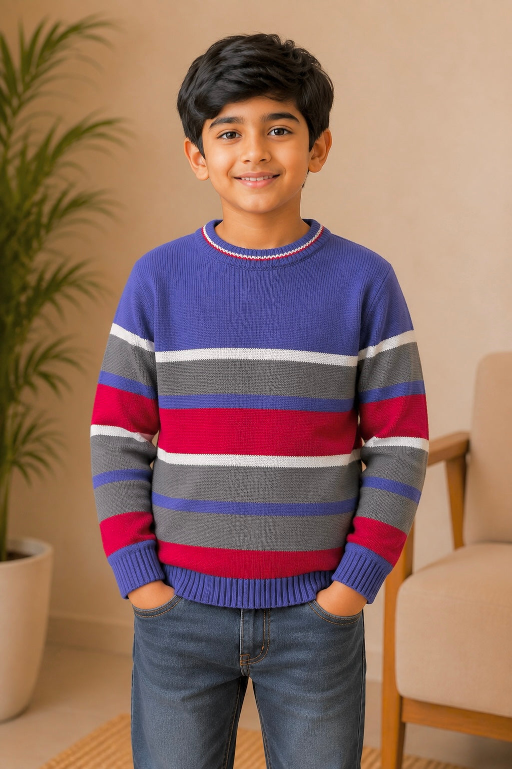 Boys Sweater (009)Clr-Purple,Dark gry,Red and white