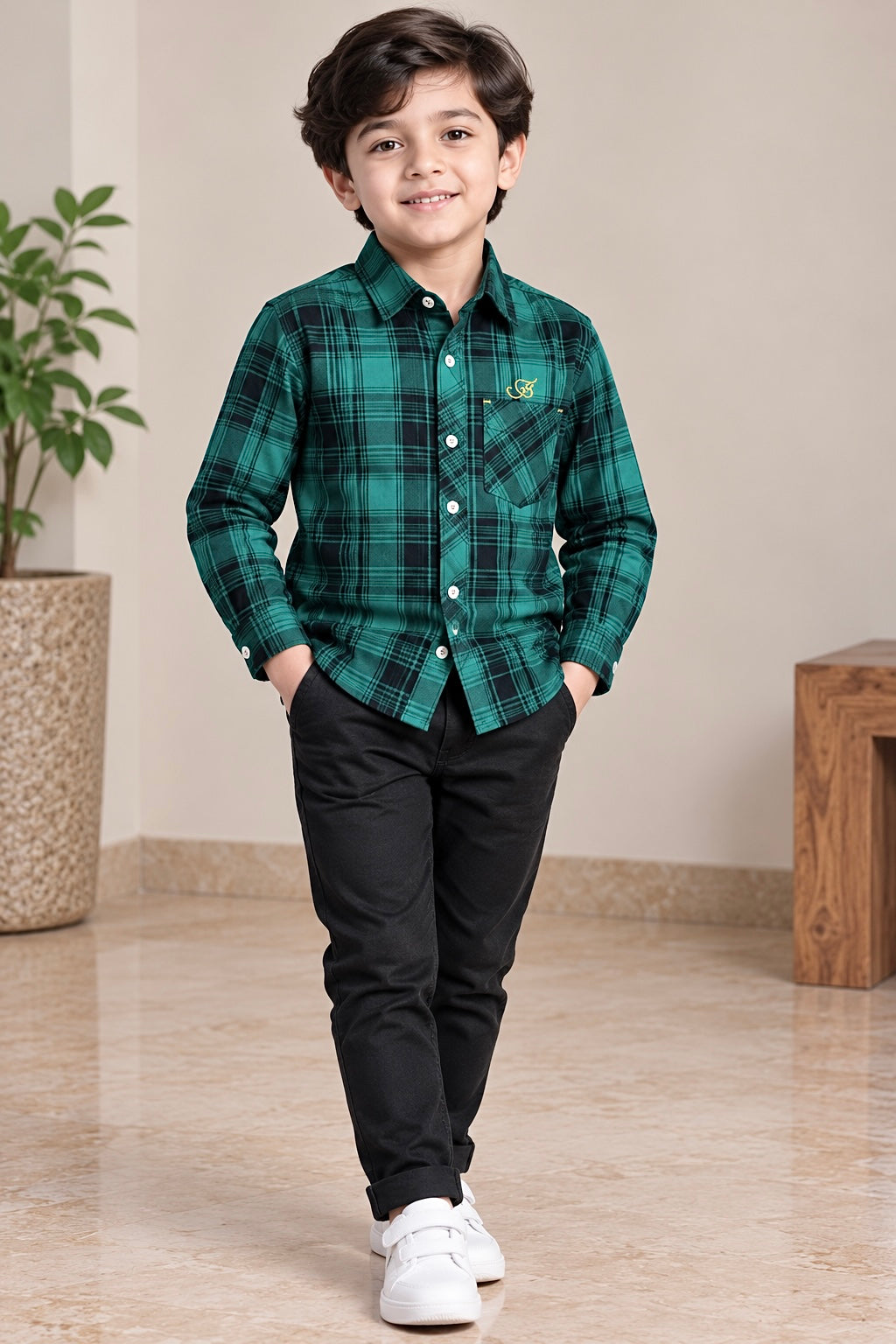 Boy Shirt (00382) Clr-Green and black-Fabric Soft Flannel For winters
