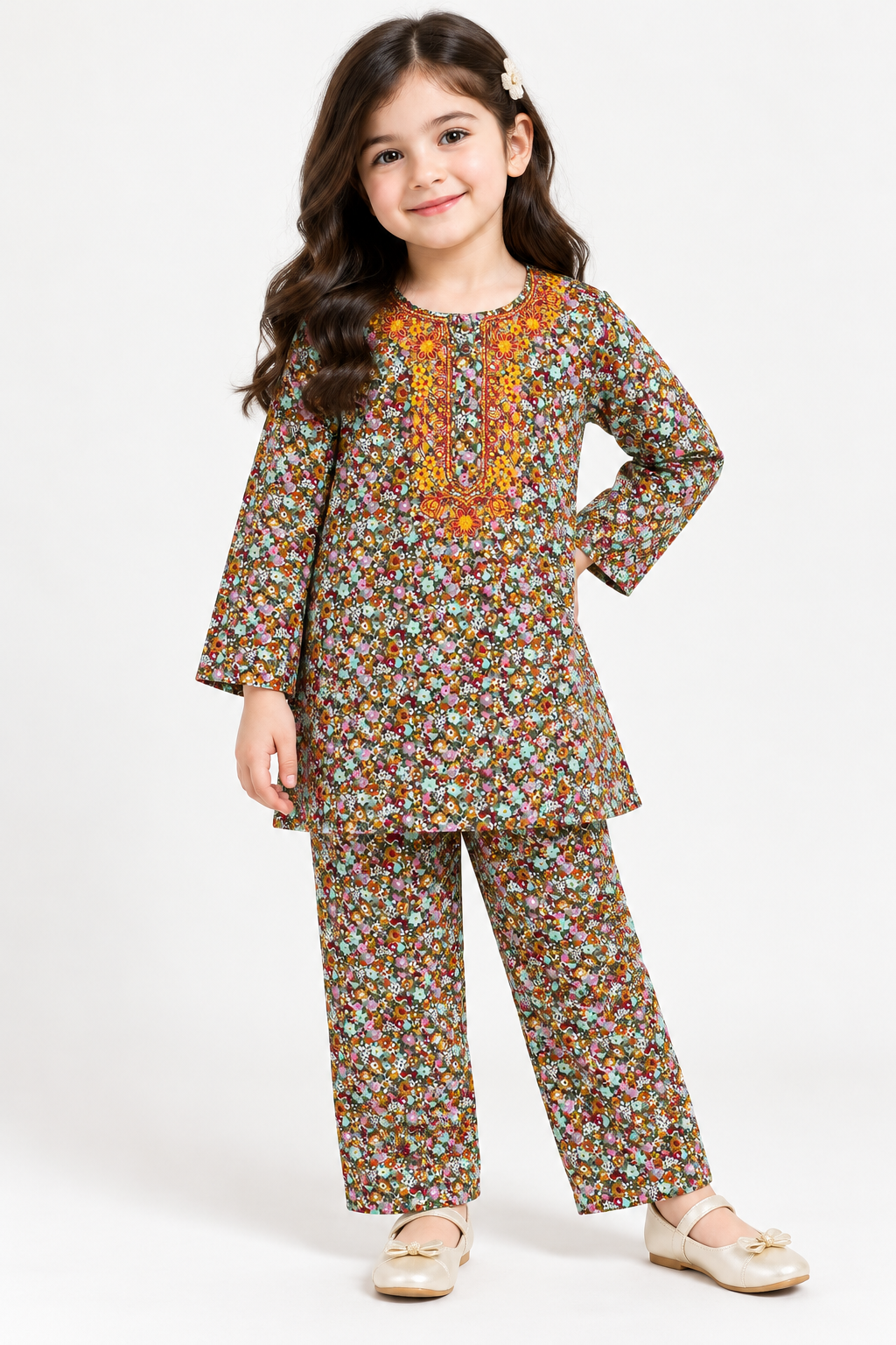 Girls Pair(00367)Clr-Printed With embroidery -Fabric Flannel For winter