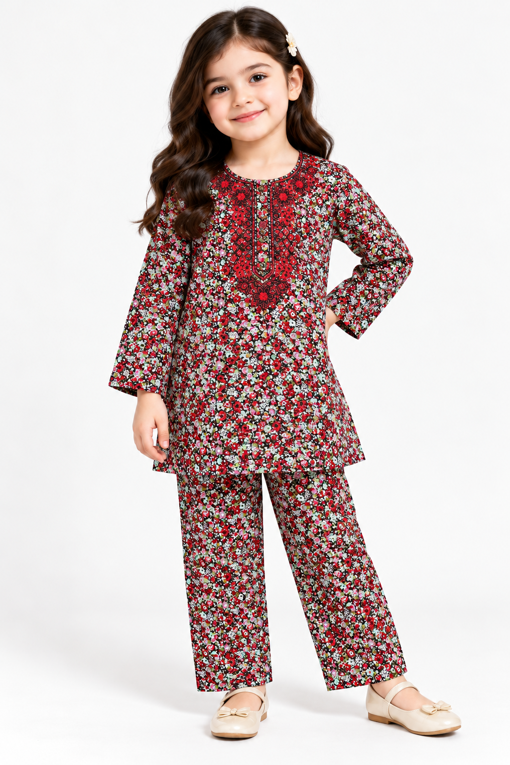 Girls Pair(00368)Clr-Printed With embroidery -Fabric Flannel For winter