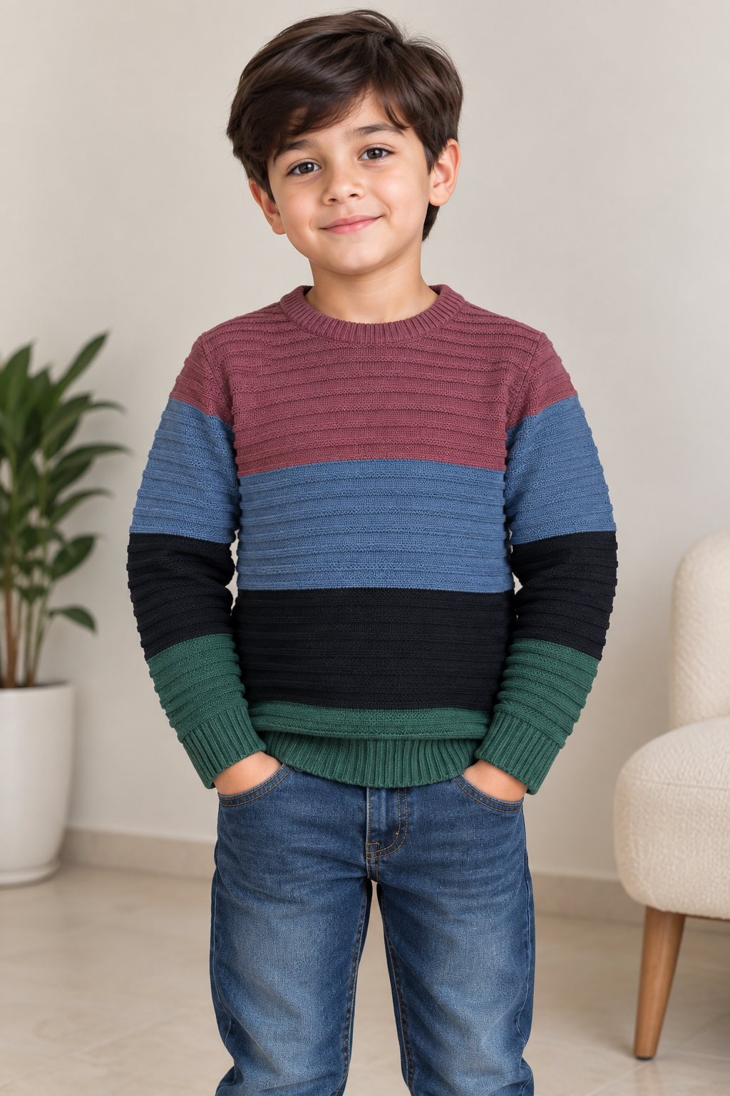Boys Sweater (00146)Clr-Maroon,Dusty Blue, Black And Green