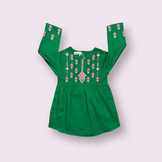 Girls Kurti (03604)-Fabric Khaddar-Clr Flag Green