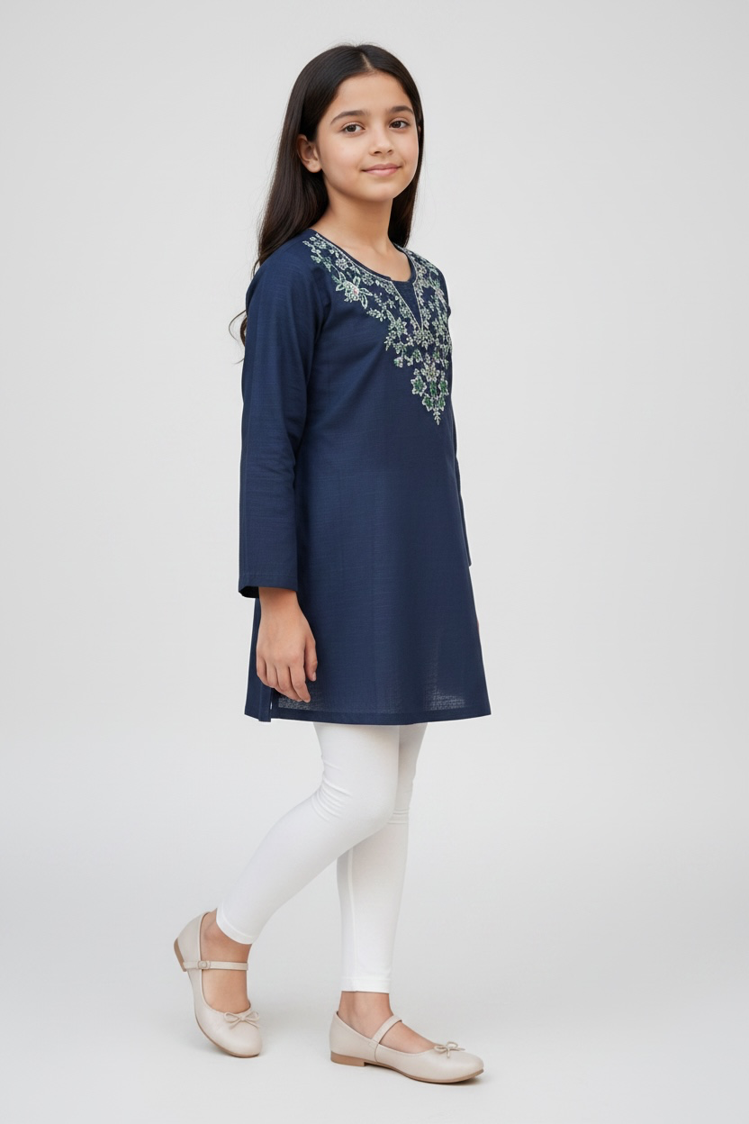 Girls Top (00104) Clr-Dark Navy Blue-Fabric Khaddar