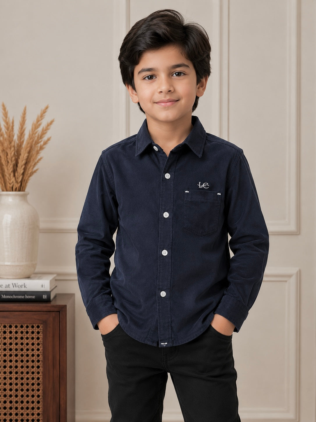 Boy Corduroy Shirt (0073) Clr-Dark Navy Blue-Fabric Soft Corduroy