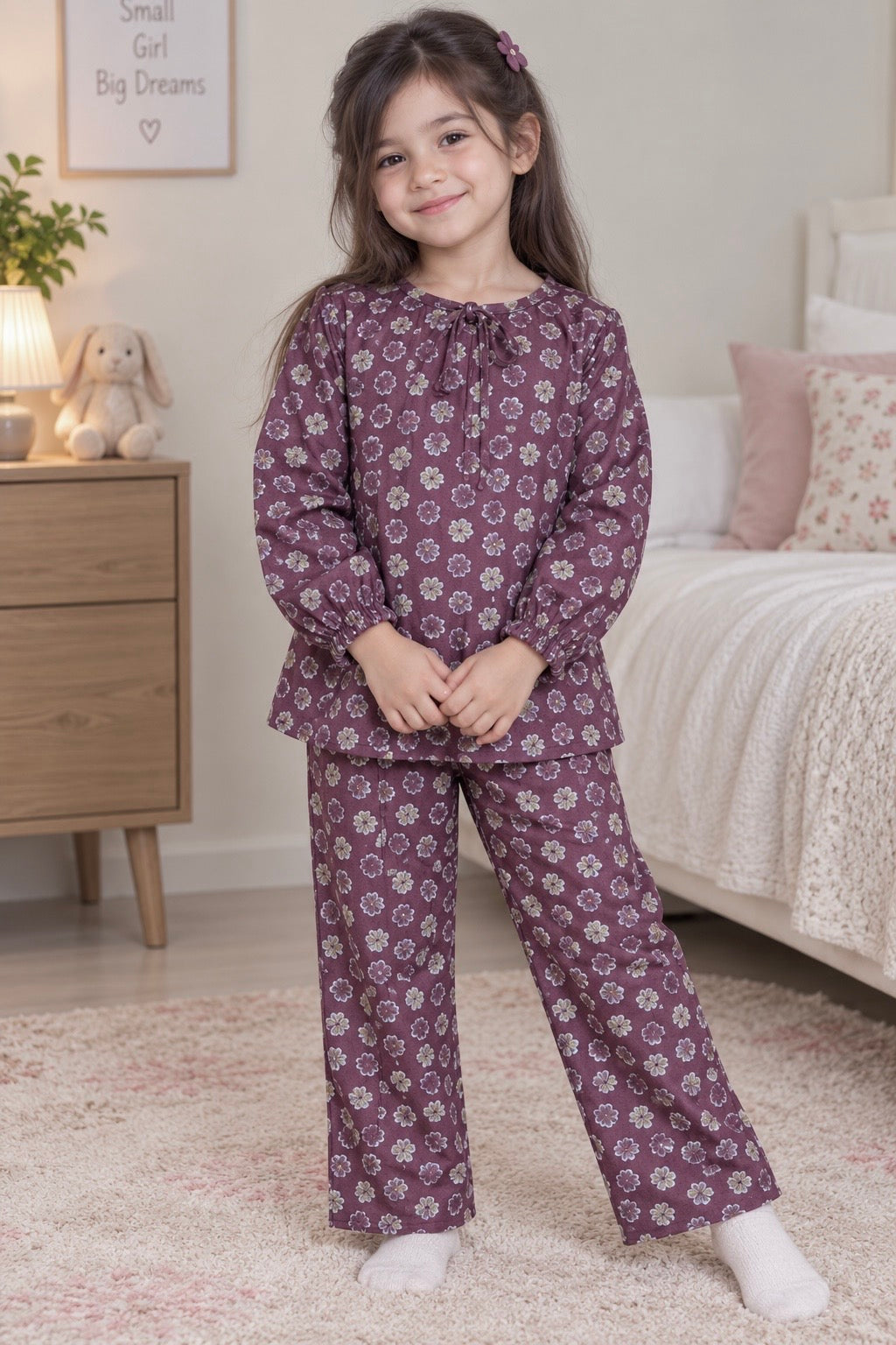 Girls Pair(00169)-Clr-Lite Maroon-Fabric Flannel For winter