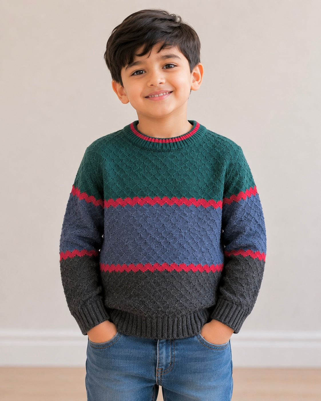 Boys Sweater (0056)Clr-Dark Green,Red and Blue