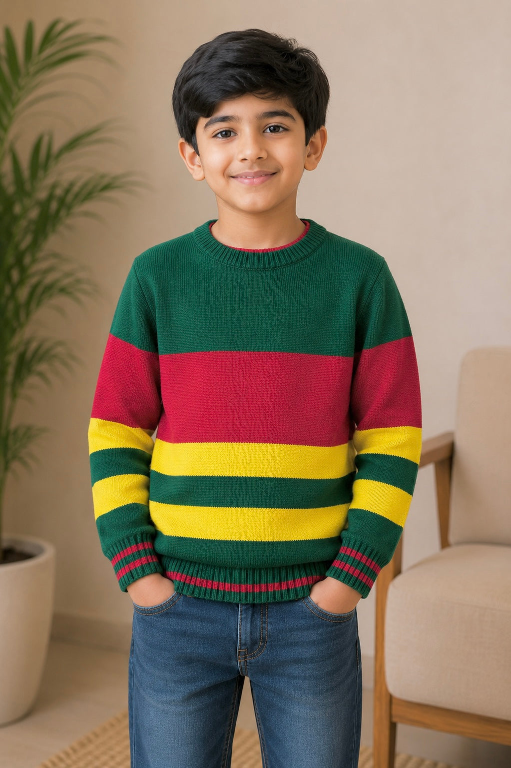 Boys Sweater (008)Clr-Green,Red And Yellow