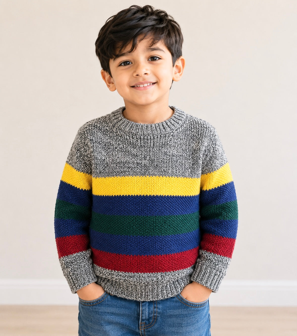 Boys Sweater (0060)Clr-Dark Gry, yellow, royal blue,Green and red