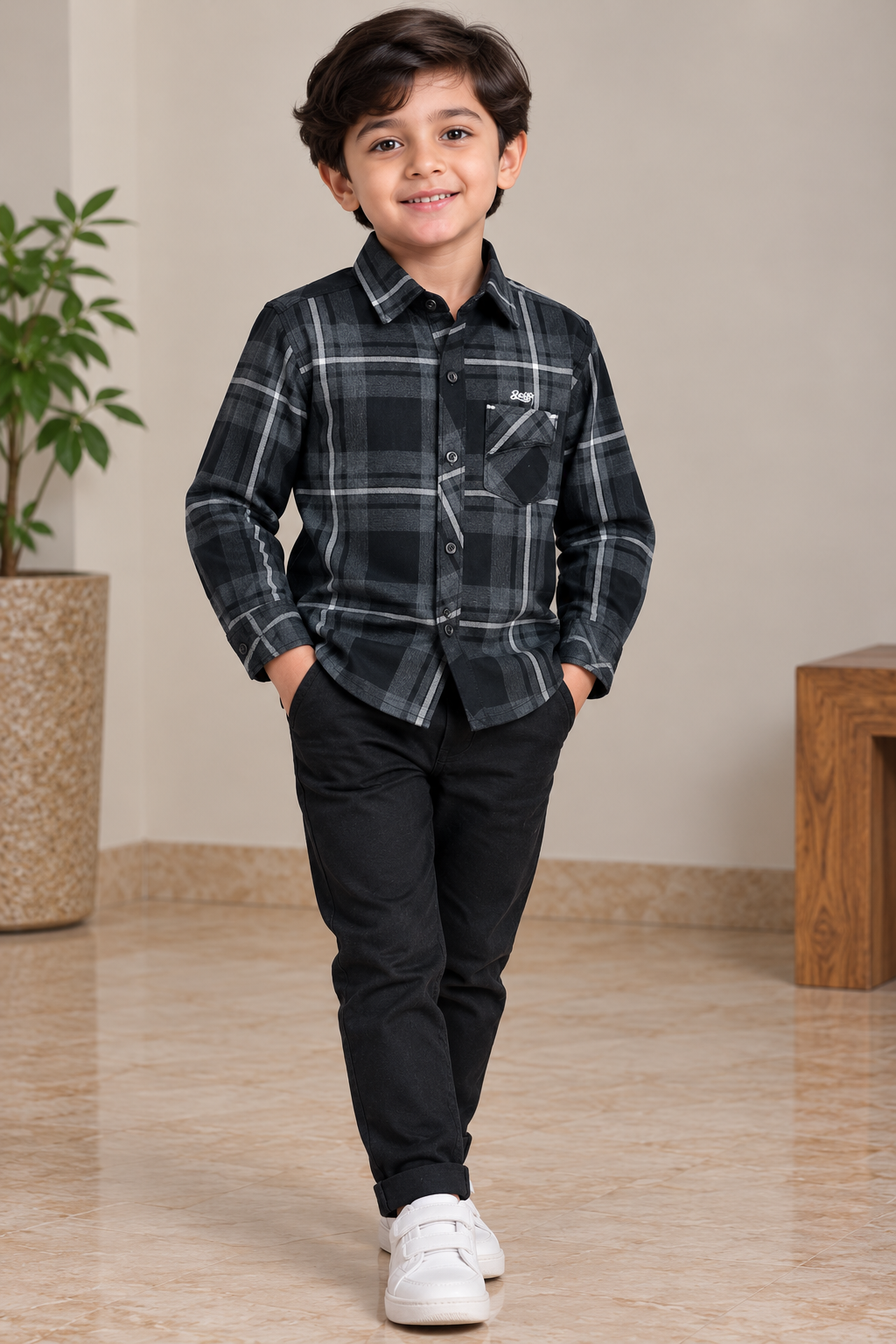 Boy Shirt (00381) Clr-Black and Gry-Fabric Soft Flannel For winters