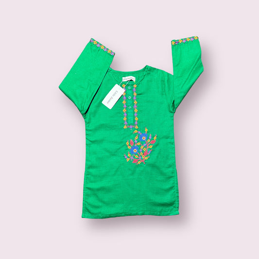 Girls Kurti (03405)-Fabric Khaddar-Clr Dark Green