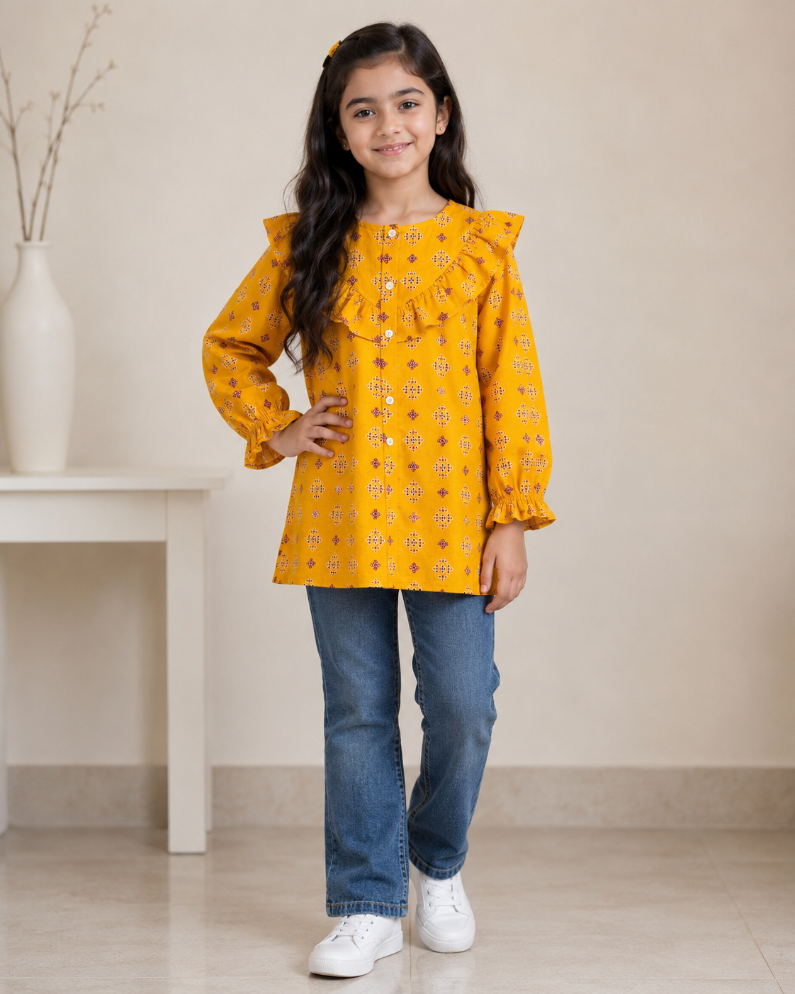 Girls Top (0096)Clr-Yellow printed-Fabric Khaddar