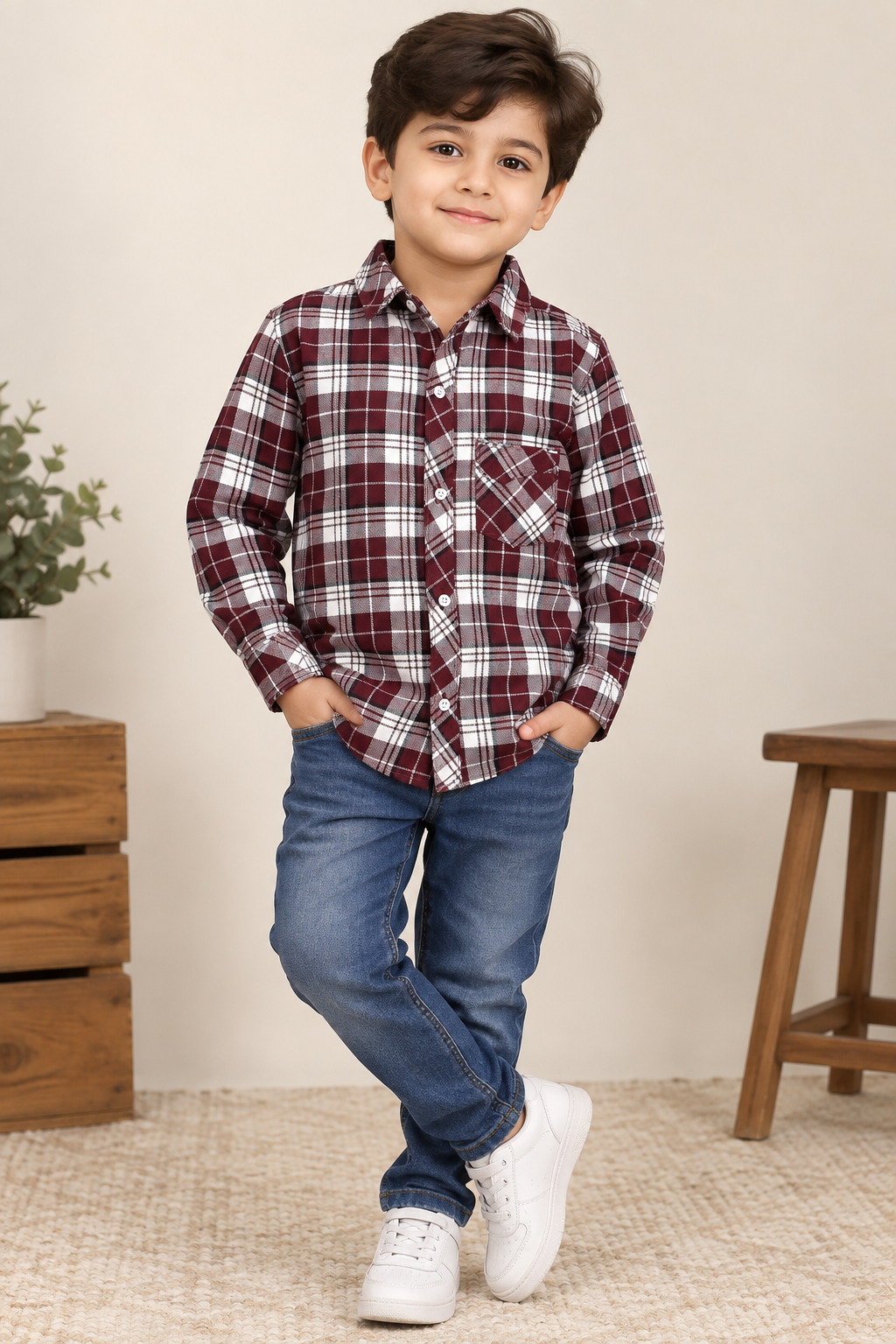 Boy Shirt (00191) Clr-White,Black and Maroon-Fabric Soft Flannel For winters