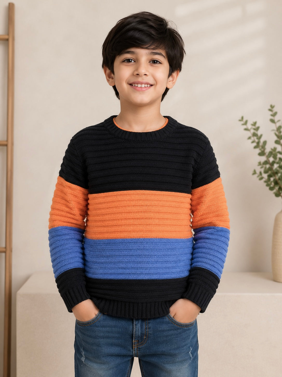 Boys Sweater (00108)Clr-Black, Orange and Lite Royal blue