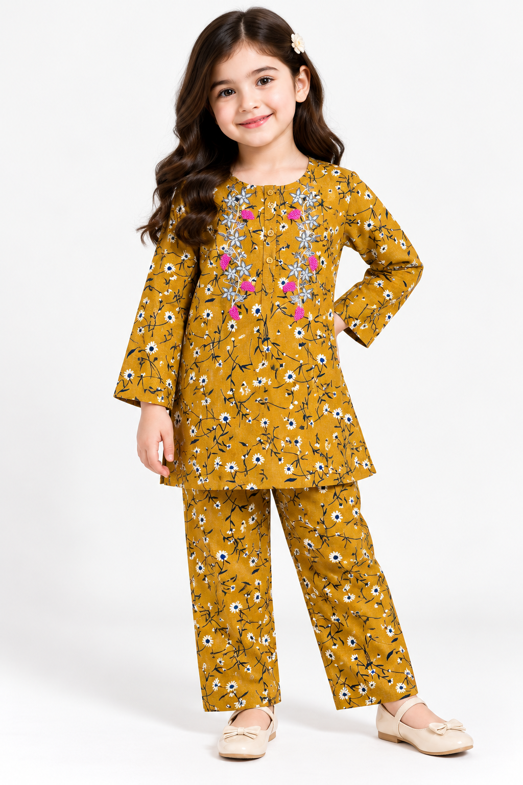 Girls Pair(00371)Clr-Printed With embroidery -Fabric Flannel For winter
