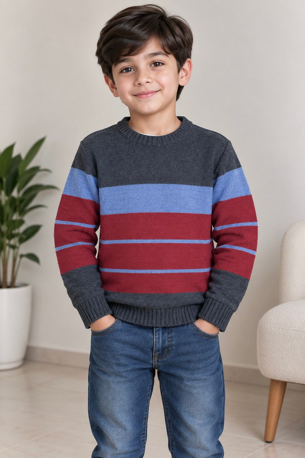 Boys Sweater (00151)Clr-Dark Gry, Sky Blue and Red