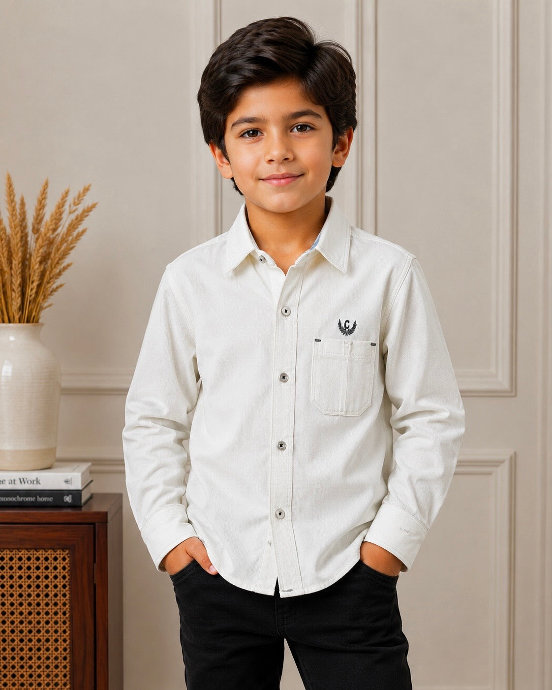 Boy Corduroy Shirt (0070) Clr-Off White-Fabric Soft Corduroy
