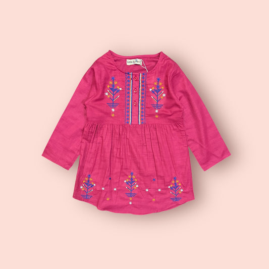 Girls Kurti (03836)-Fabric Khaddar-Clr Shocking Pink