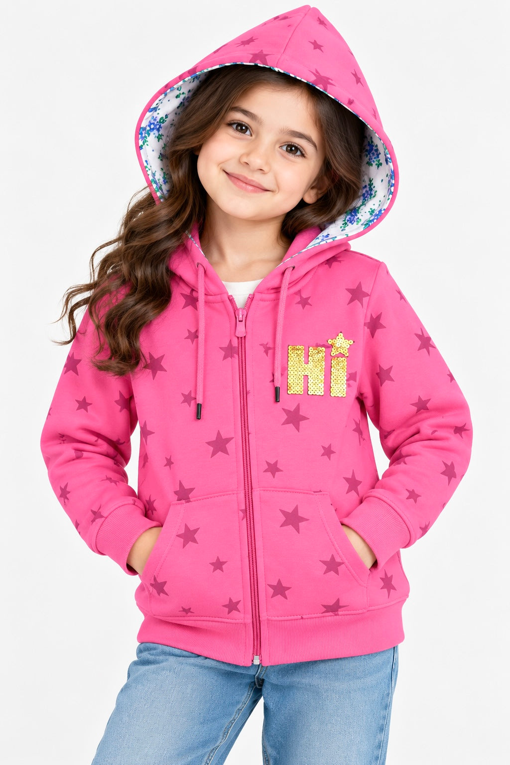 Girls Hoodie (00286)Clr-Pink-Fabric Fleece