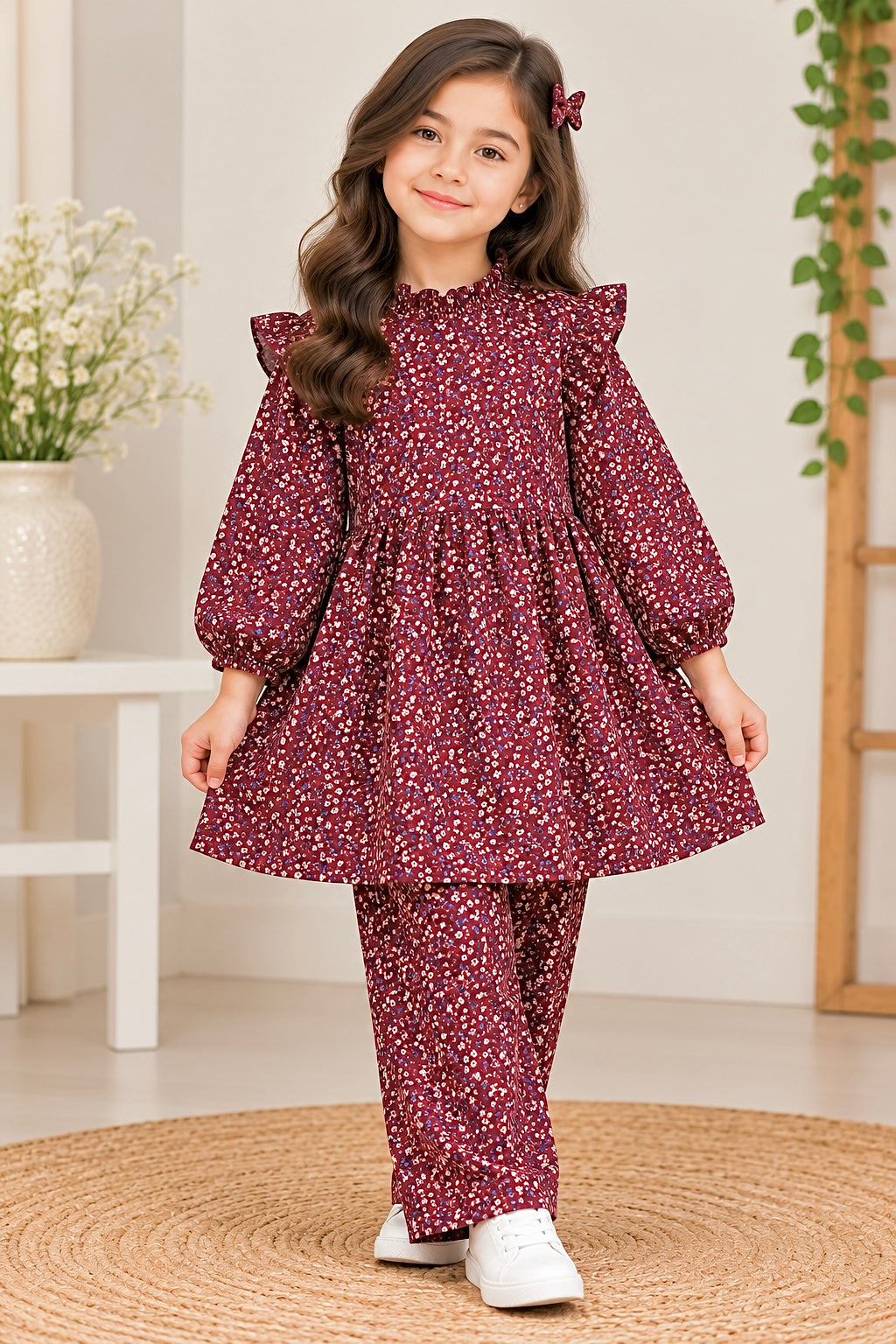 Girls Pair(00245)-Clr-Maroon printed-Fabric Flannel For winter