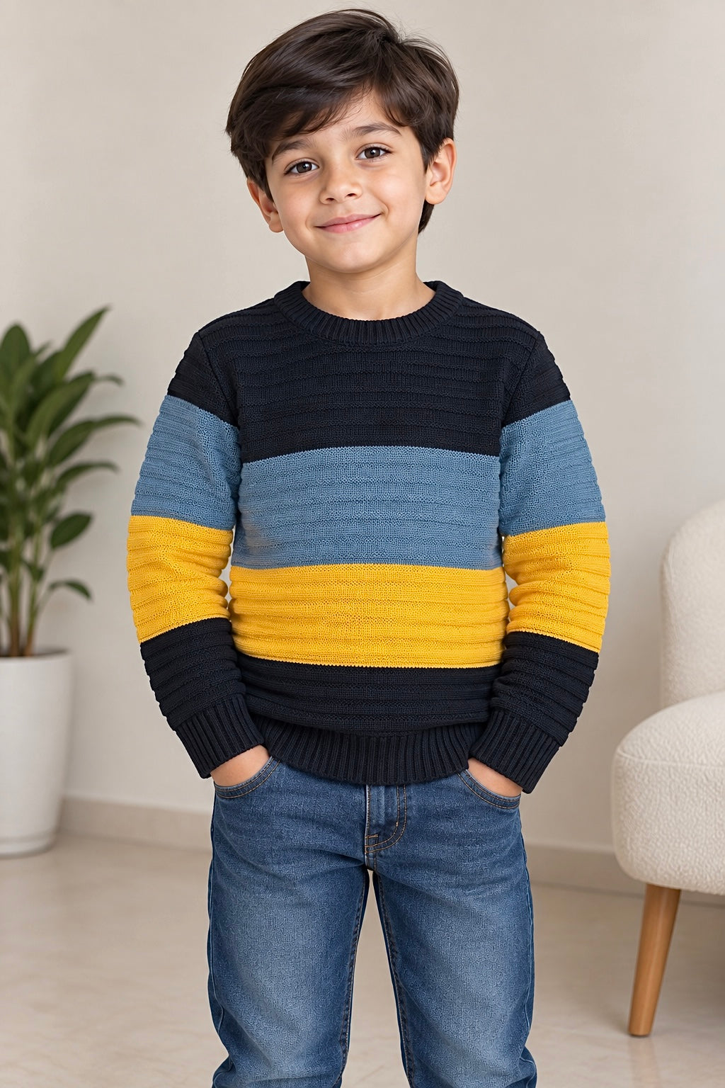 Boys Sweater (00145)Clr-Black-Dusty Blue And Mastard