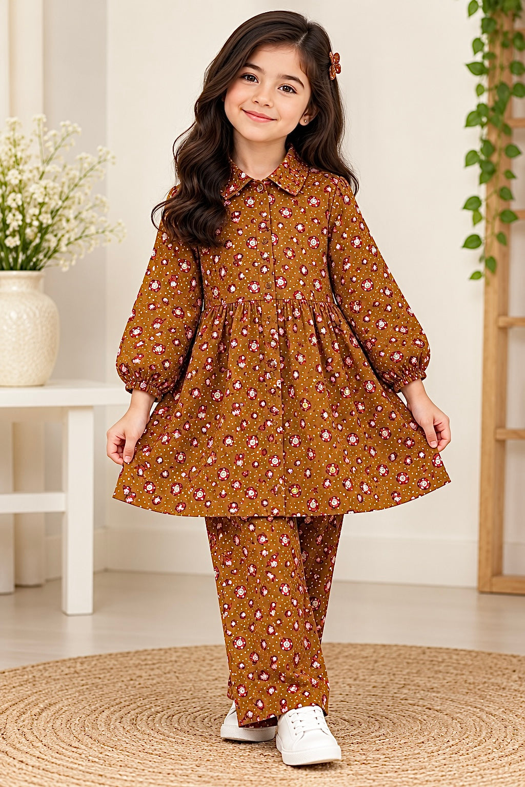 Girls Pair(00242)-Clr-Copper printed-Fabric Flannel For winter