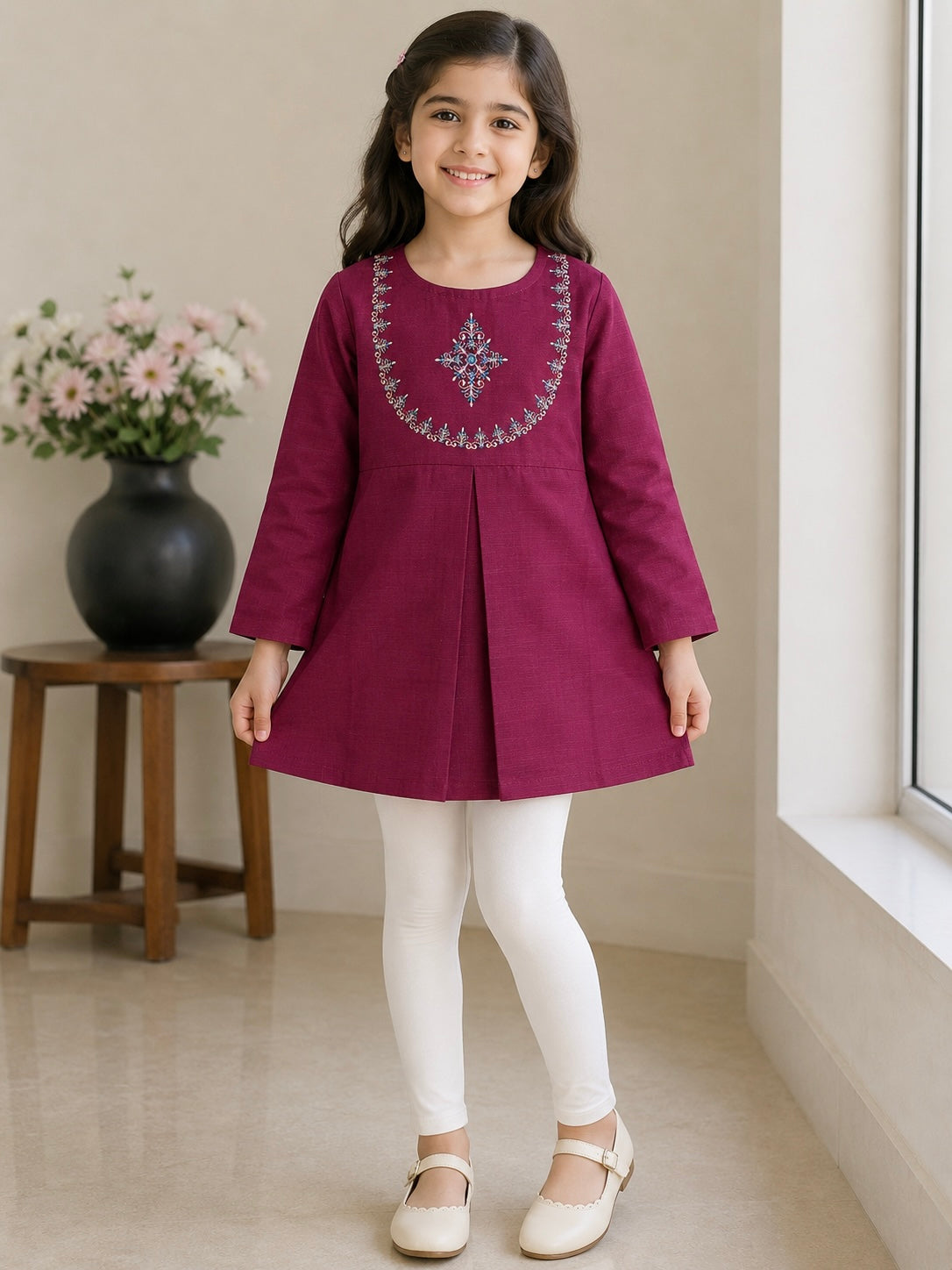 Girls Top (00106) Clr-Maroon-Fabric Khaddar