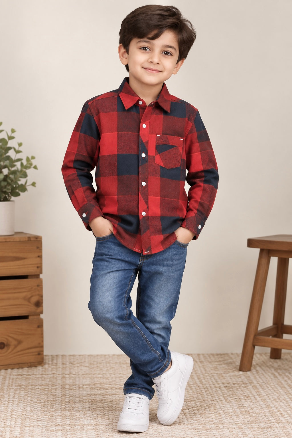Boy Shirt (00193) Clr-Red And Dark Gry-Fabric Soft Flannel For winters
