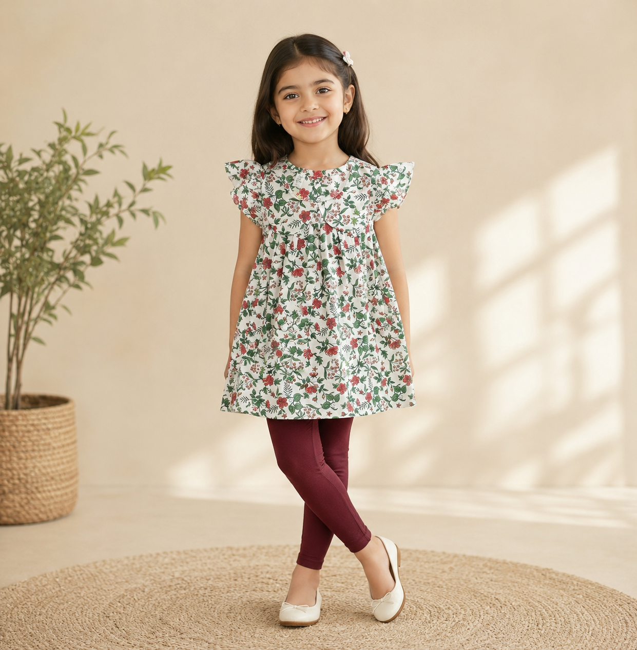 Girls top (02799)Clr-White and green printed-Fabric Lite Cotton For Summers