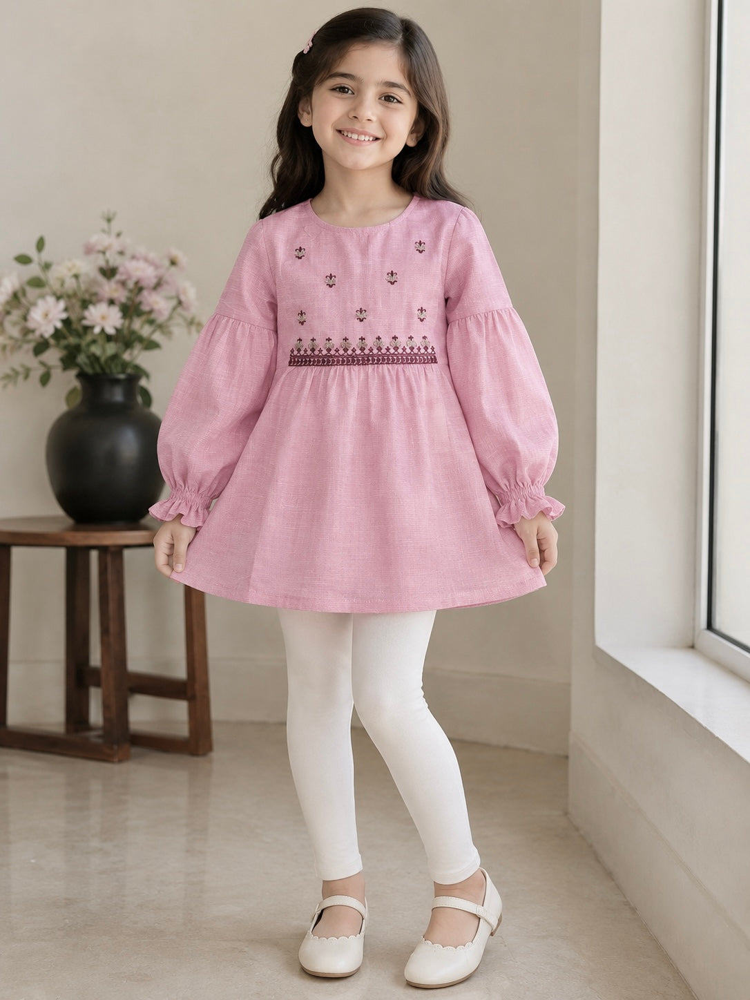 Girls Top (00105) Clr-Tea pink-Fabric Khaddar
