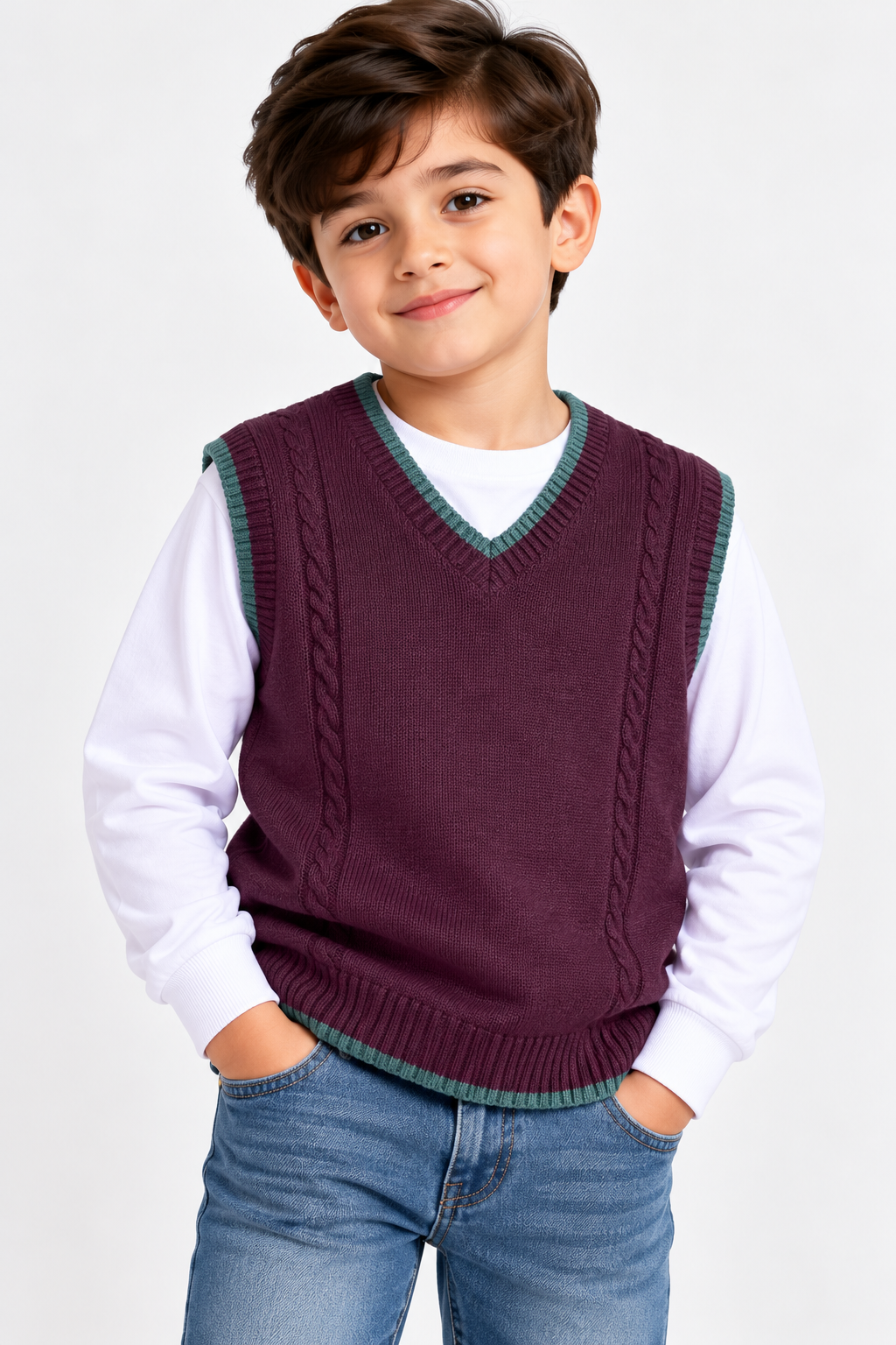 Sleeveless Sweater(00376)Clr-Maroon-Fabric Acrylic Wool