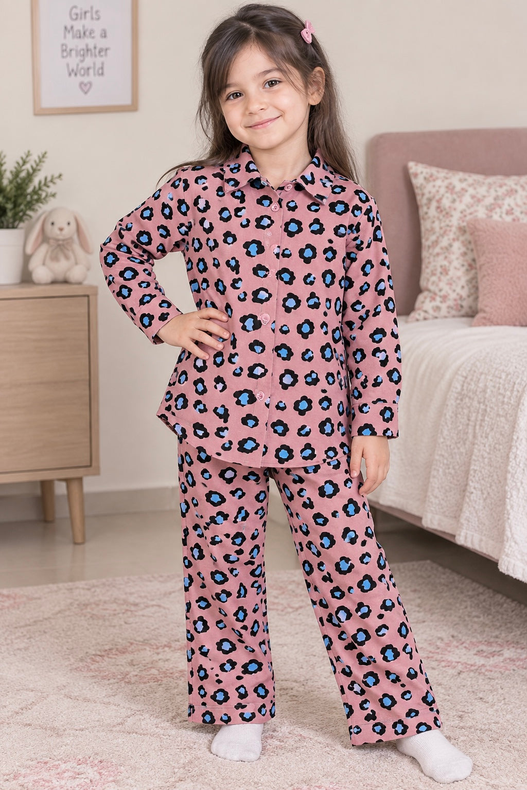 Girls Pair(00168)-Clr-Tea pink and black-Fabric Flannel For winter