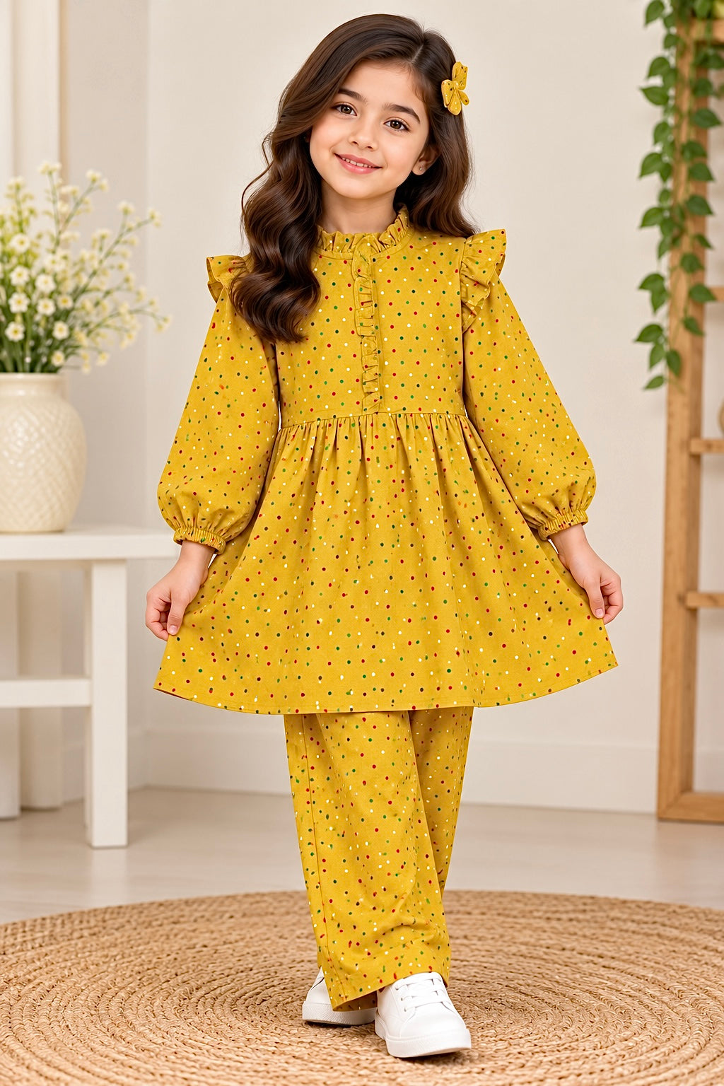 Girls Pair(00246)-Clr-Mastard-Fabric Flannel For winter