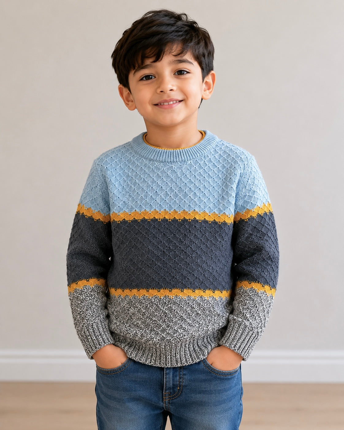Boys Sweater (0059)Clr-Sky,Mastard and Lite Gry