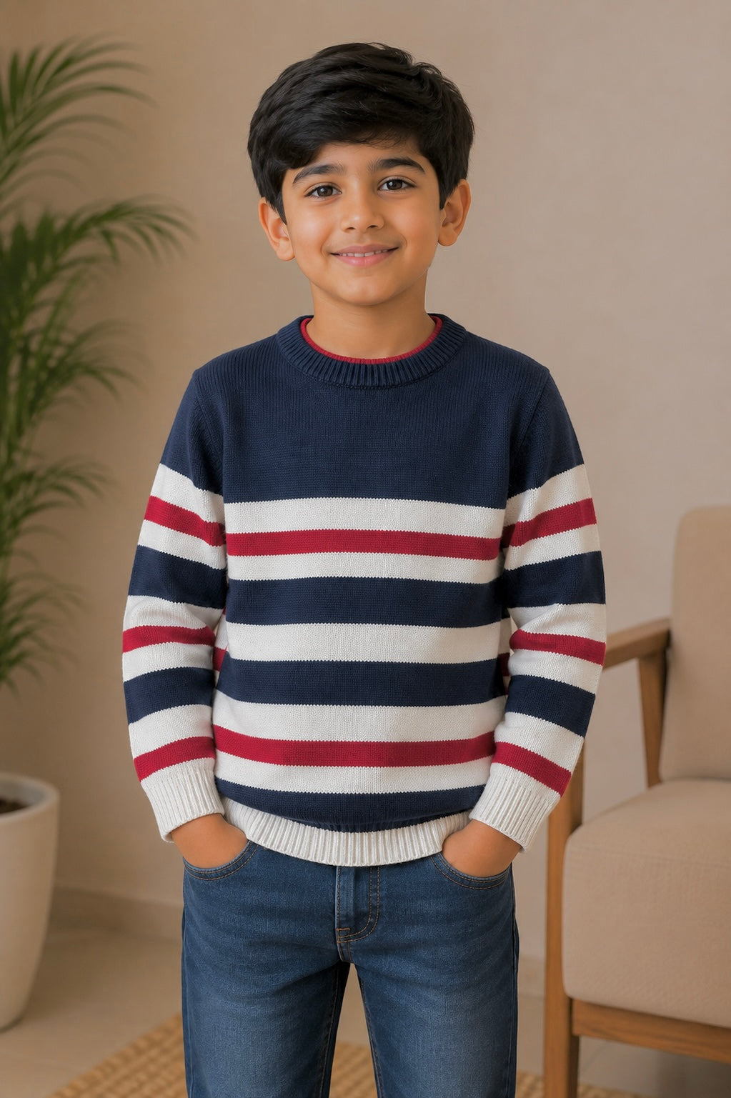 Boys Sweater (007)Clr-Navy Blue, Lite Gry and Red
